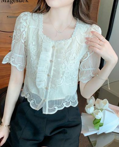 Elegant Puff Short Sleeve Blouse Women Square Collar Ruffle Stitching Summer Lace Chiffon Tops Sweet Lady Apricot Shirt 