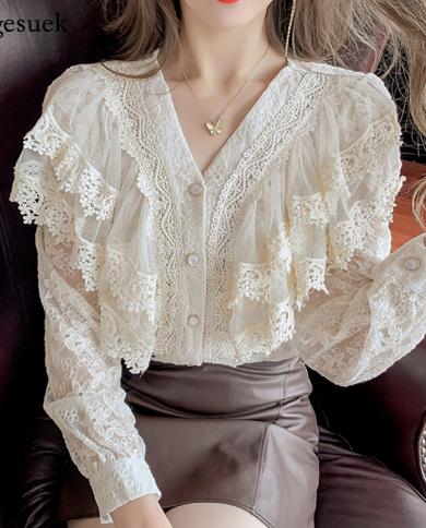Nouveau volants couture dentelle Blouse femmes col en V doux à manches longues automne chemise femme évider fleur hauts amples B