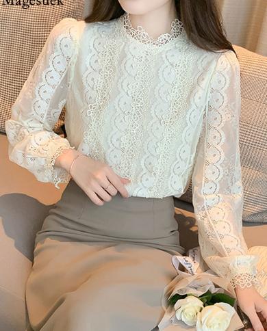 Camisas femininas elegantes com gola oca para fora francesa manga longa rendada chiffon blusa no outono 2022 solta doce tops muj