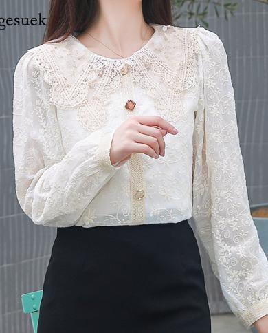 Nova camisa de renda de outono senhora vintage elegante lanterna manga comprida roupas de renda botões finos mulheres tops blusa