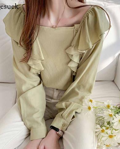 Moda outono babados unido sólido manga comprida blusa blusa feminina gola quadrada tops elegantes camisas de botão blusas femini