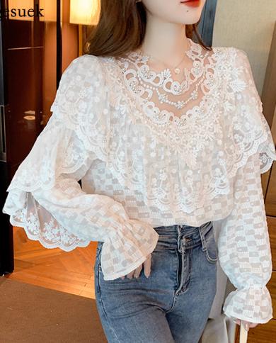 Sweet Lace Blouse With Ruffles Woman Elegant Beading Shirts White Fairy Flower Blouse Hollow Spring Long Sleeve Women To