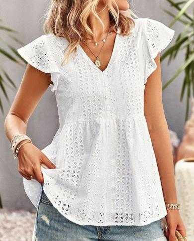 Summer V Neck Elegant Lace Women Blouse Simple Butterfly Sleeve Slim Tops Mujer 2023 Fashion Hollow Out Lady Shirt Blusa