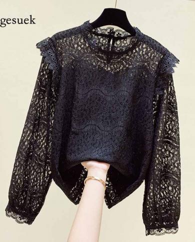 Pullover Women Hollow Out Women Tops And Bloues  Long Sleeve Autumn Lace Black Shirt Women  Vintage Blouse Blusa 11602bl
