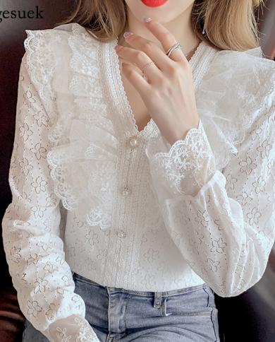 Autumn Elegant V Neck Womens Shirt Sweet Lace Ruffle Blouse Womens Long Sleeve Top White Hollow Flower Female Clothing