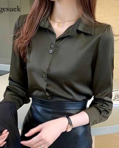 Fashion Satin Shirts Vintage Long Sleeve Blouse Single Breasted Women Tops And Blouses Elegant Office Lady Womens Shirt