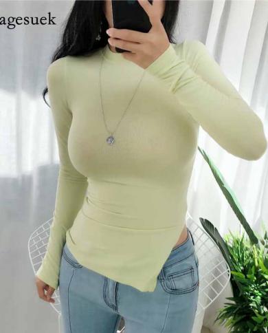  Refreshing Split Ends  Slim Micro Through Bottoming T Shirt Long Sleeve O Neck Pullover Solid Shirt Blusas Mujer 10707t