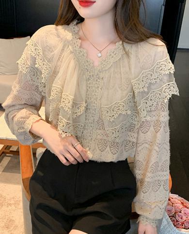 Fashion Elegant Lace Chiffon Blouse Long Sleeve Women Hollow Flower Ruffle Shirt V Neck Vintage Office Tops Femme Blusas