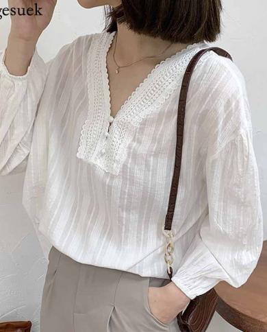 Autumn Vneck Hollow Out Blouse With Lace  Fashion Loose White Blouse Women Shirt New Womens Long Sleeve Top Blusas 1677