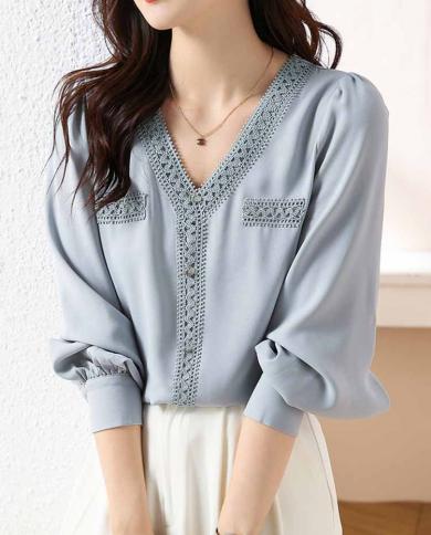 Elegant French Woman Blouse V Neck Chiffon Hollow Office Lady Shirt Long Sleeve Tops Casual Spring Autumn Female Clothin