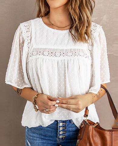 Fashion Lace Chiffon Blouse Women Summer Hollow Elegant Loose White Shirts For Women 2023 Casual Office Lady Tops Blusas