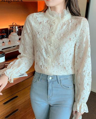 Blusa elegante de gasa con encaje Floral para Mujer otoño 2022 cuello levantado hueco manga larga Tops Blusas Mujer Vintage dulc
