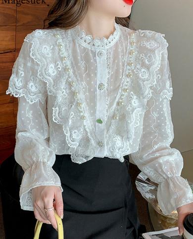 Blusa de gasa de encaje dulce Vintage francés 2022 otoño camisa con cuello de encaje con cuentas para Mujer Blusas de manga larg