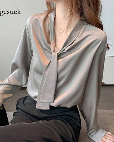 Blusas de oficina con cuello en V y lazo, camisa de otoño para mujer, blusa de gasa de manga larga gris, blusas holgadas a la mo
