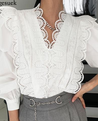 Blusa francesa elegante de encaje con cuello en V para mujer, camisa con costuras de volantes calados para mujer, Tops de manga 