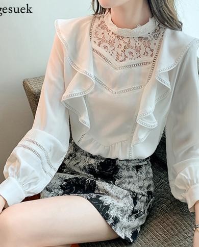 Elegante blusa de encaje de gasa para mujer, camisa blanca con volantes y cuello levantado, Top de manga larga con farol de otoñ