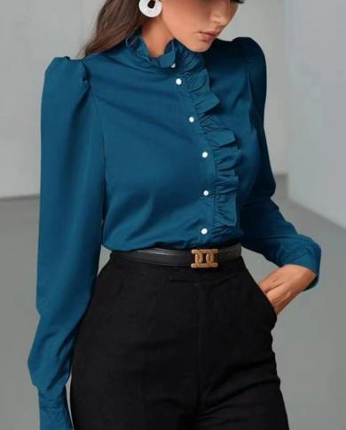 Fashion Autumn Elegant Women Ruffles Blouse Tops Office Lady Spring 2022 Stand Collar Blusas New Long Sleeve Shirt Cloth