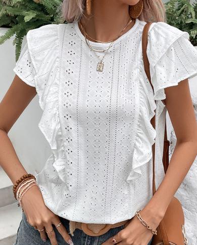 Elegant Fashion Summer Lace White Blouse Women Loose Ruffles Butterlfy Sleeve Tops Woman Casual O Neck Hollow Shirt Blus