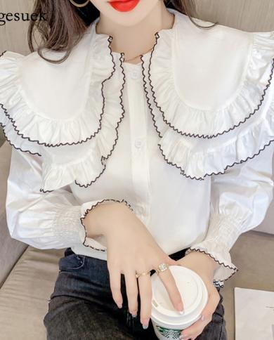 Ruffles Vintage Tops Blouses  White Shirt Ruffle Sleeves  White Shirt Ruffle Collar  Women Shirt  