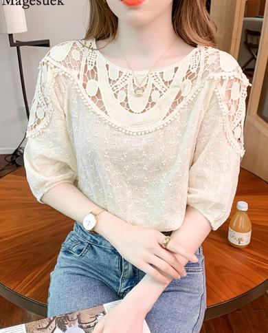 Embroidered Flower Blue Shirt Women  Blouse Embroidered Cotton Blue  Short Sleeve  