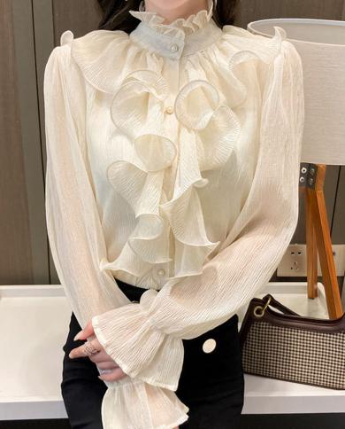 New  Fashion Smooth Blouse Women Spring Slim Office Lady Elegant Tops Lantern Sleeve Solid Stand Collar Shirt Blusas 129