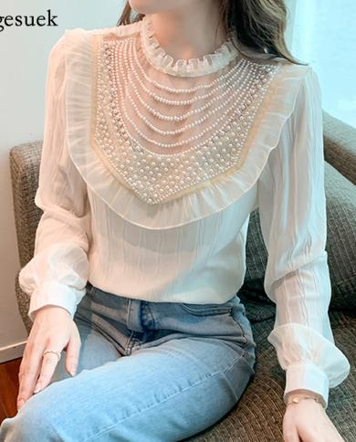 2022 Elegant Beading Chiffon Blouse Fashion Stand Collar French Shirt Beaded White Blouse Long Sleeve Tops Casual Clothe
