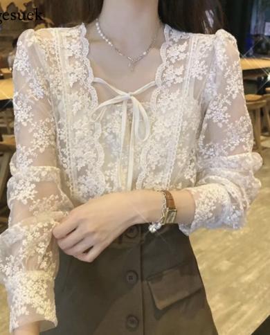 Autumn Lace Chiffon Blouse Women Sweet Puff Long Sleeve Laceup Womens Shirt French Square Collar Flower Loose Top Blusa