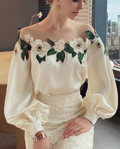 Elegant Embroidered Flower Blouse Woman Mesh Patchwork Spring Satin Shirt Lady O Neck Tops Long Sleeve Womens Clothes 2
