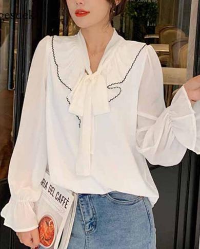Solid White Bow  Sweet Chiffon Blouses Loose Tops  Flare Long Sleeve Shirts Women Autumn Female Ropa De Mujer 10604  Blo