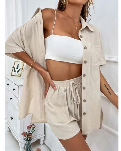 Summer Shirts Suit Women Wide Leg Shorts Two Piece Set 2023 Short Sleeve Cotton Casual Long Blouse Pockets Loose Outfits