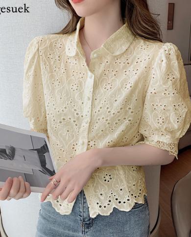 Summer Womens Tops  Style 2023 Fashion Temperament Slim Shirt Hollow Lace Hook Flower Short Sleeve Lapel Blouse 14030sh