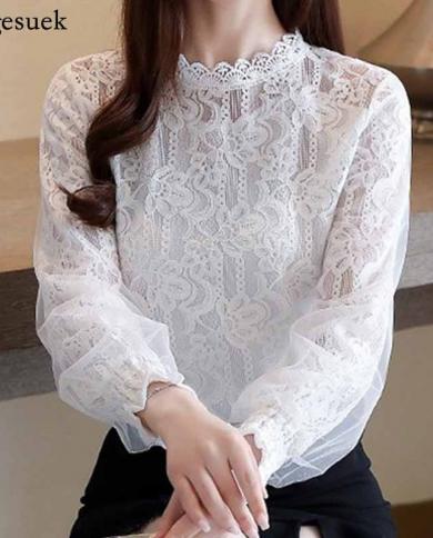 Casual Office Lady Vintage Autumn Women White Shirt Women  New Puff Sleeve Blouses Elegant Lace Blouse Women Top Mujer 1