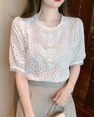  Fashion Hollow Out Summer Blouse 2023 Sweet Women Lace Chiffon Shirt Elegant Short Sleeve Ladies Tops Mujer Clothes 254