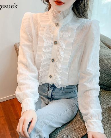 White Blouse Ruffle Sleeves  White Collar Blouse Lace Tops  2023  Fashion  