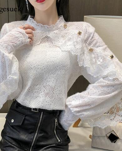 New Crochet Lace Blouse Women Chic Ruffle Lace Stitching Shawl Ladies Stand Collar Tops  Spring Long Sleeve Slim Shirt13