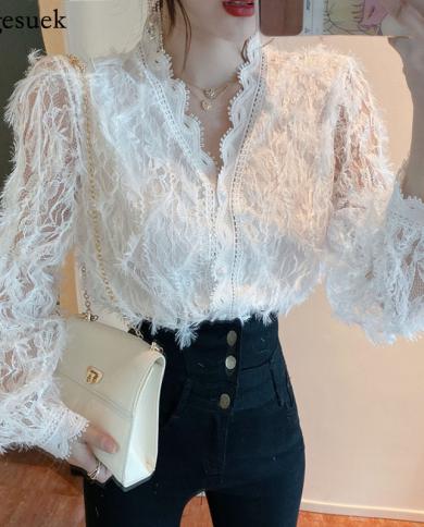 Vintage Vneck Long Sleeve Lace Blouse Women Tops Tassel White Shirts Blusas Hollow Out Lace Flowers Ladies Blouses Shirt