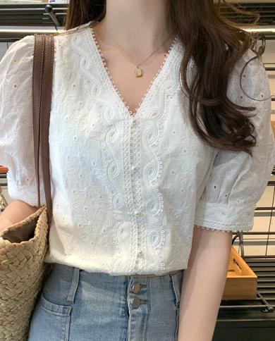 V Neck White Lace Blouse Summer Cotton Shirt Sweet Puff Short Sleeve Top  Fashion Women Elegant Hollow Out Clothes 25372