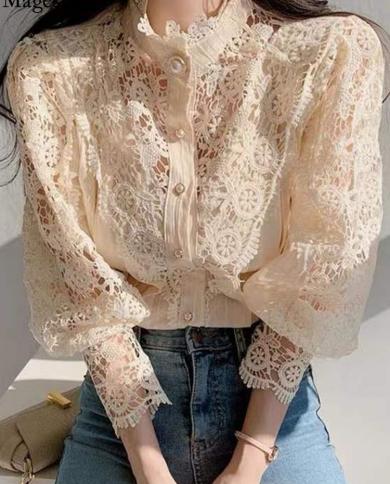 Sweet Petal Sleeve Lace Blouses Women Hollow Out Patchwork Stand Collar Shirts Ladies Top White Flower Blouse Female Blu
