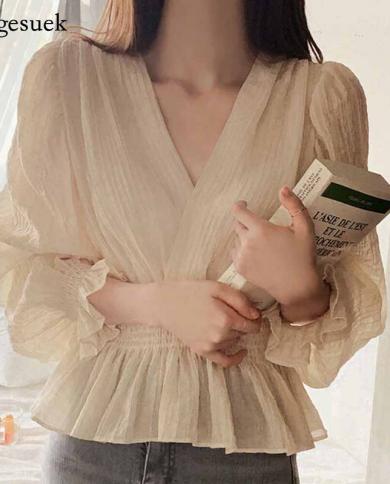 Otoño plisado dulce camisa delgada Casual señora Tops estilo V cuello cintura elástica elegante Puff manga blusa mujer Blusas 12