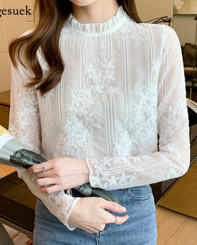 2022 Spring Embroidery Flowers Blouses Stand Collar Long Sleeve Women Tops Loose White Elegant Lace Blouse Ladies Shirts