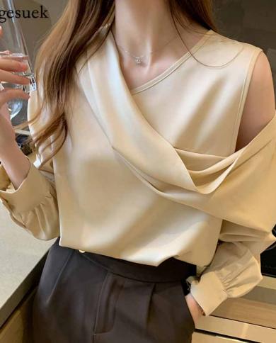 Vneck Slim Women Offshoulder Long Sleeve Chiffon Blouse Autumn  Elegant Satin Shirt Solid Ol Tops Chemisier Femme 11202 