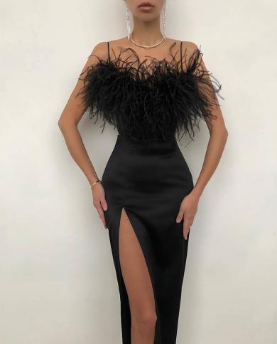 Fashion Sling Feather Dress Womens Slit Slim Party Party Evening Dress 2023 Summer New Ladies Elegant Design Mid Length