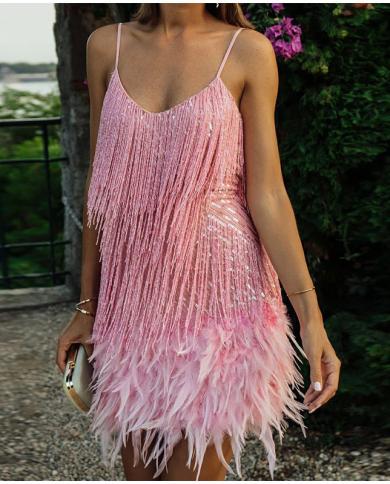 Fashion V Neck Sling Dress Women  Luxury Feather Sleeveless Tassel Midi Dress 2023 Summer Ladies Prom Party Elegant Dres