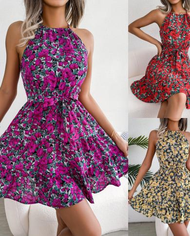 2023 Summer Floral Dress Women  Chiffon Sleeveless Halter Neck Strap Ruffle Short Skirt Elegant Fashionable Ladies Cloth