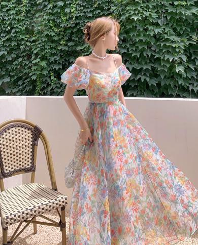 Sweet Girl Floral Dresses Womens French Elegant Backless Puff Sleeve Strap Beach Dress 2023 Summer Ladies One Shoulder 