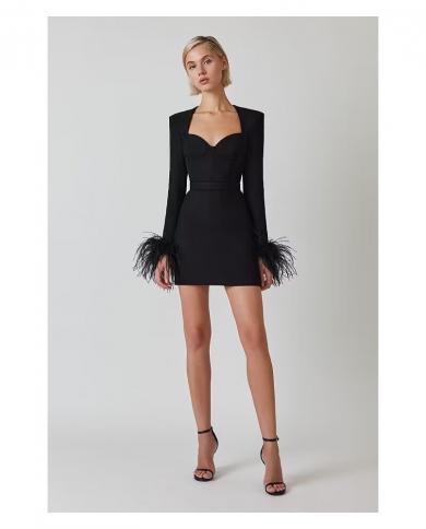 Womens  Strapless Bandage Dress 2022 New Black Feather Long Sleeve Celebrity Evening Party Elegant Mini Dresses  Dresse