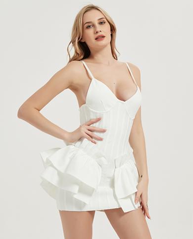 Women Ruffles Bandage Dress Spaghetti Strap Mini  Summer Bodycon V Neck  Elegant Black White Club Evening Party Dressesd