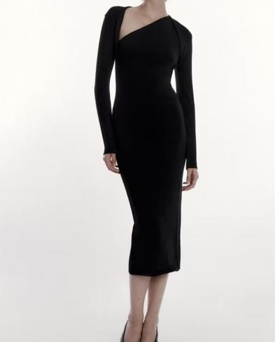 Ladys   Split Black Bandage Dress Length Sleeve Diagonal Collar Bodycon Elegant Celebrity Evening Club Party Midi Dress