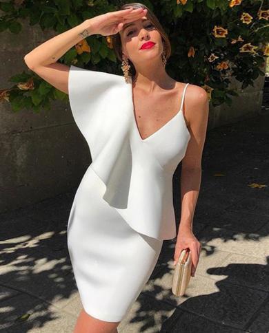 Womens Ruffles White Bandage Dress Spaghetti Strap Mini V Neck Bodycon 2022 Summer Sleeveless  Elegant Club Evening Dre