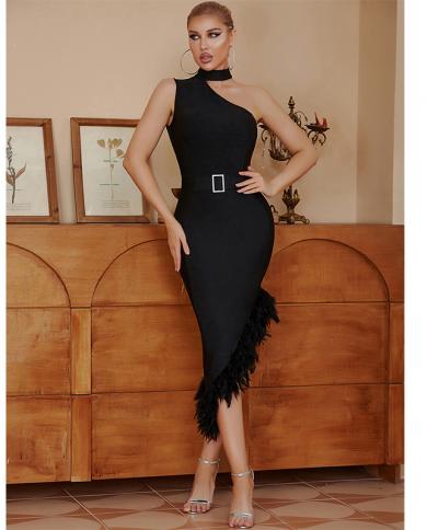 Midi Bandage Dress Womens Turtleneck One Shoulder Black Irregular Feather Bodycon Summer Elegant Evening Party Dresses 
